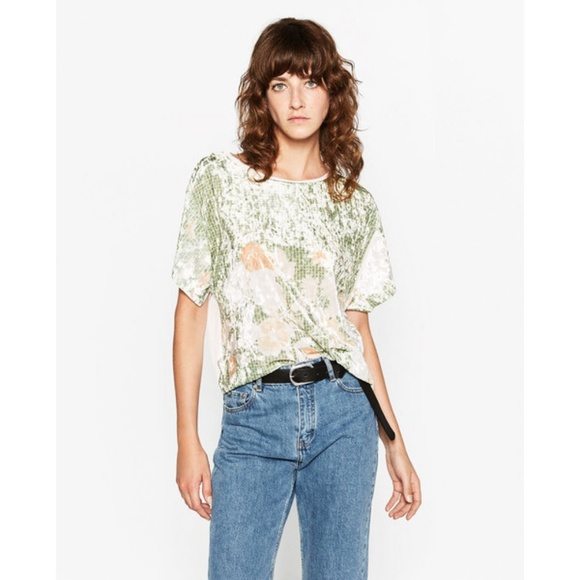 NWT Zara Size S Washed Green Printed Velvet Tshirt - Picture 1 of 7